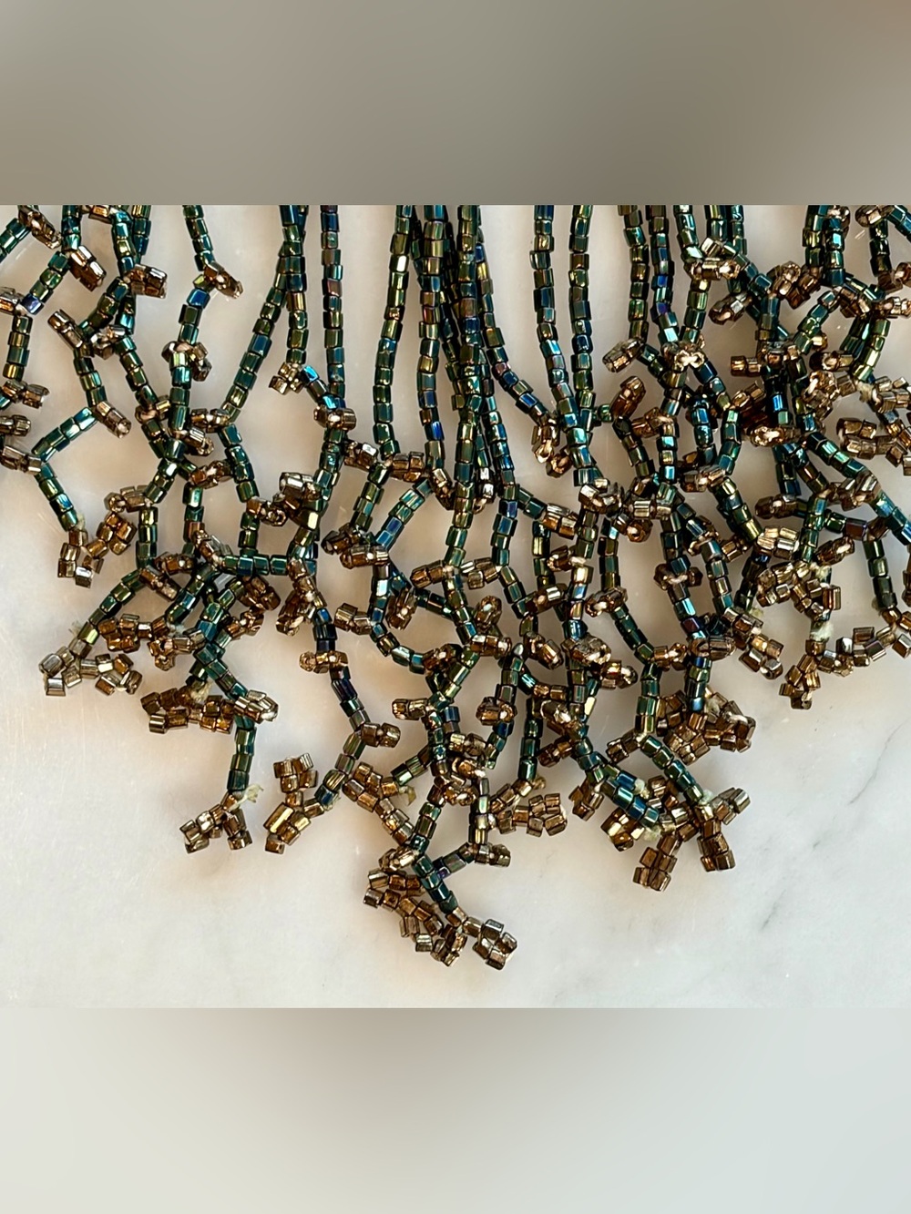 Handcrafted Iridescent Beaded Fringe Collar Necklace, green/gold, EUC - Picture 8 of 12